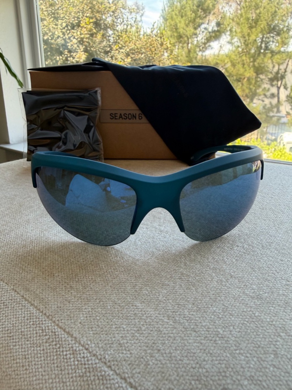 Yeezy Teal Wraparound Sunglasses with Mirrored Lenses